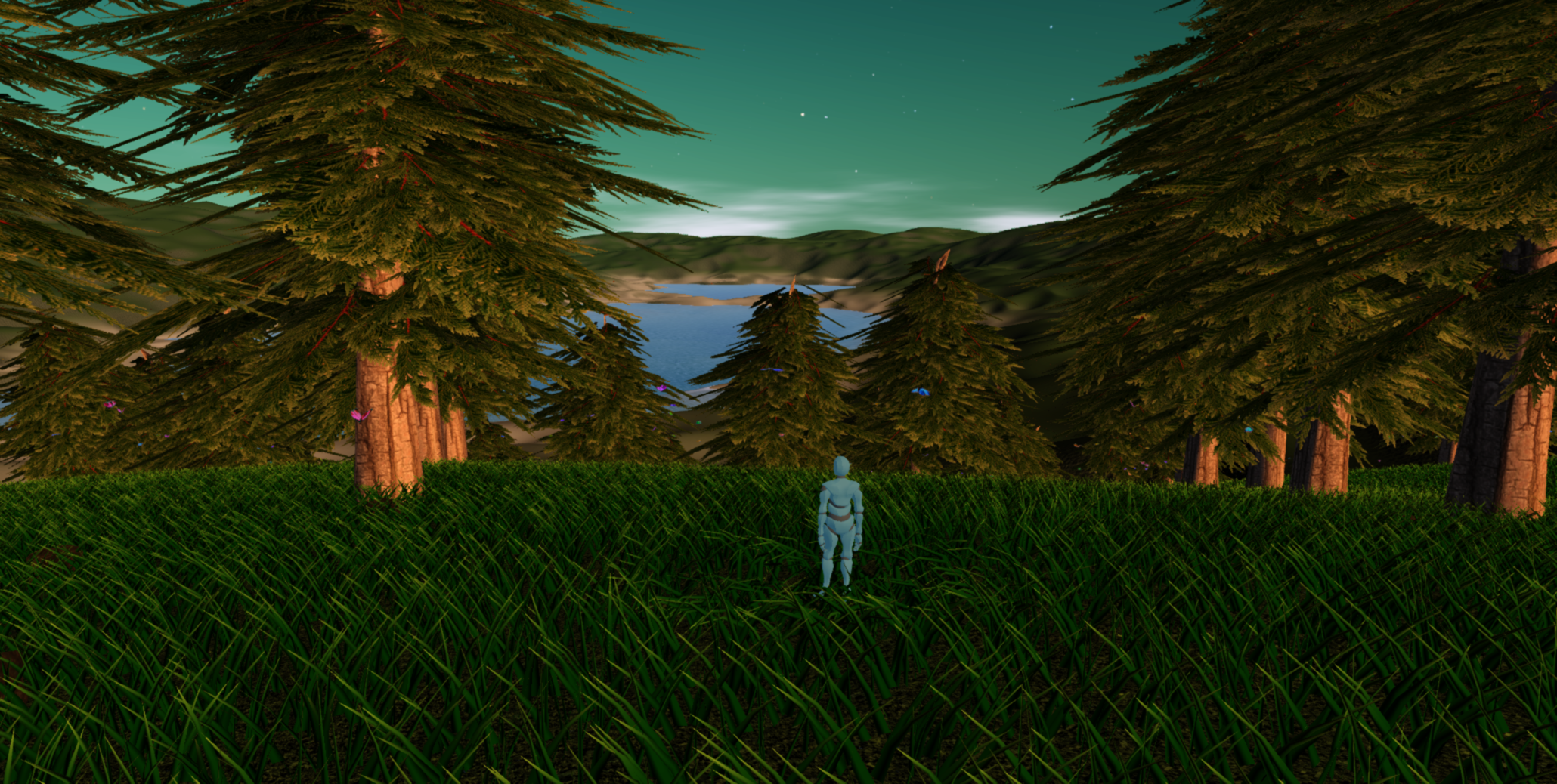Screenshot of the surface of a telluric planet. A character is standing in a grass field with trees surrounding him. A lake can be seen in the distance under a blue-green sky.