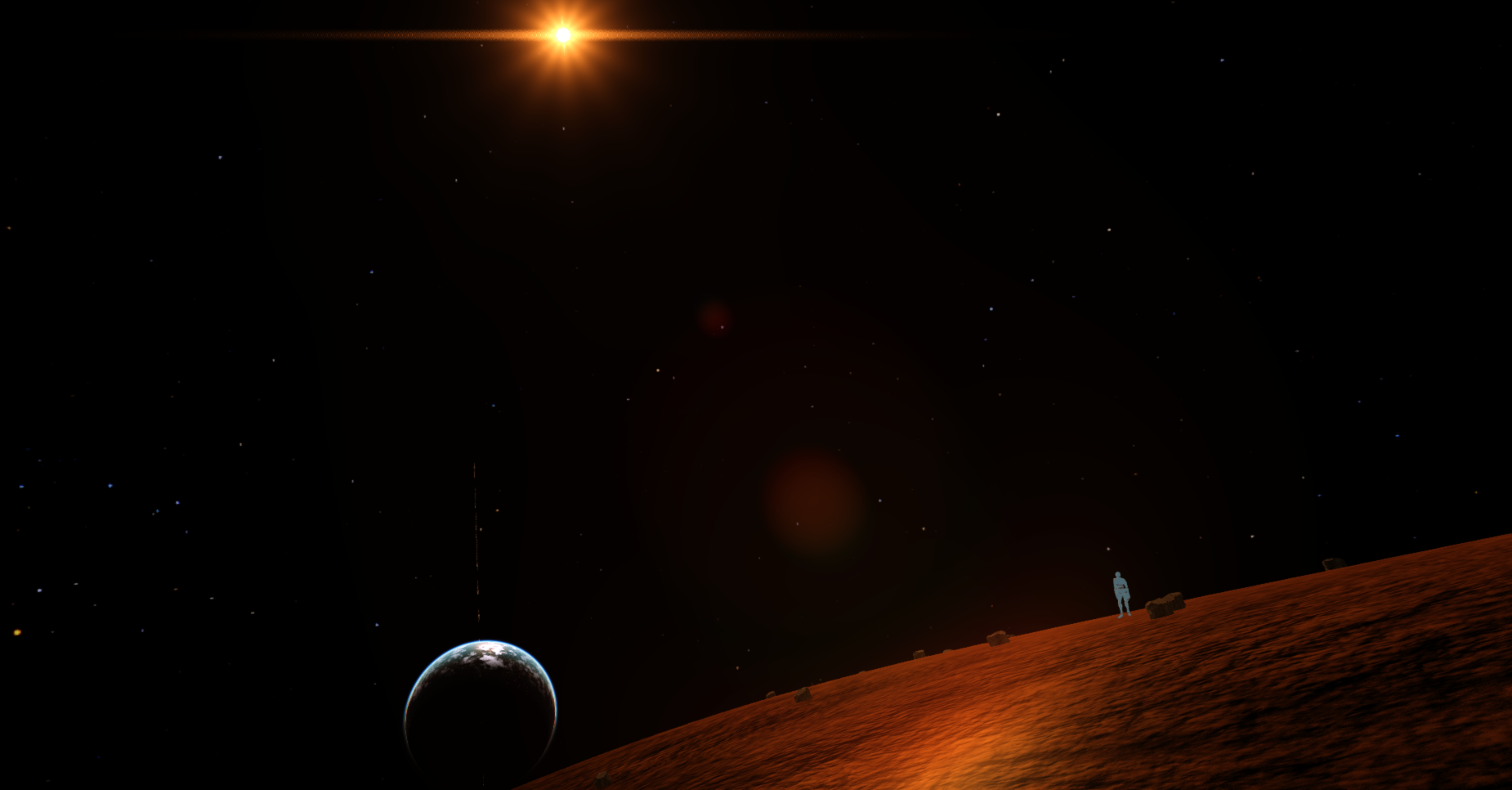 Screenshot from the surface a moon. There is a yellow star in the sky and a blue crescent from a planet near the horizon. Someone is standing on the surface below the sun.