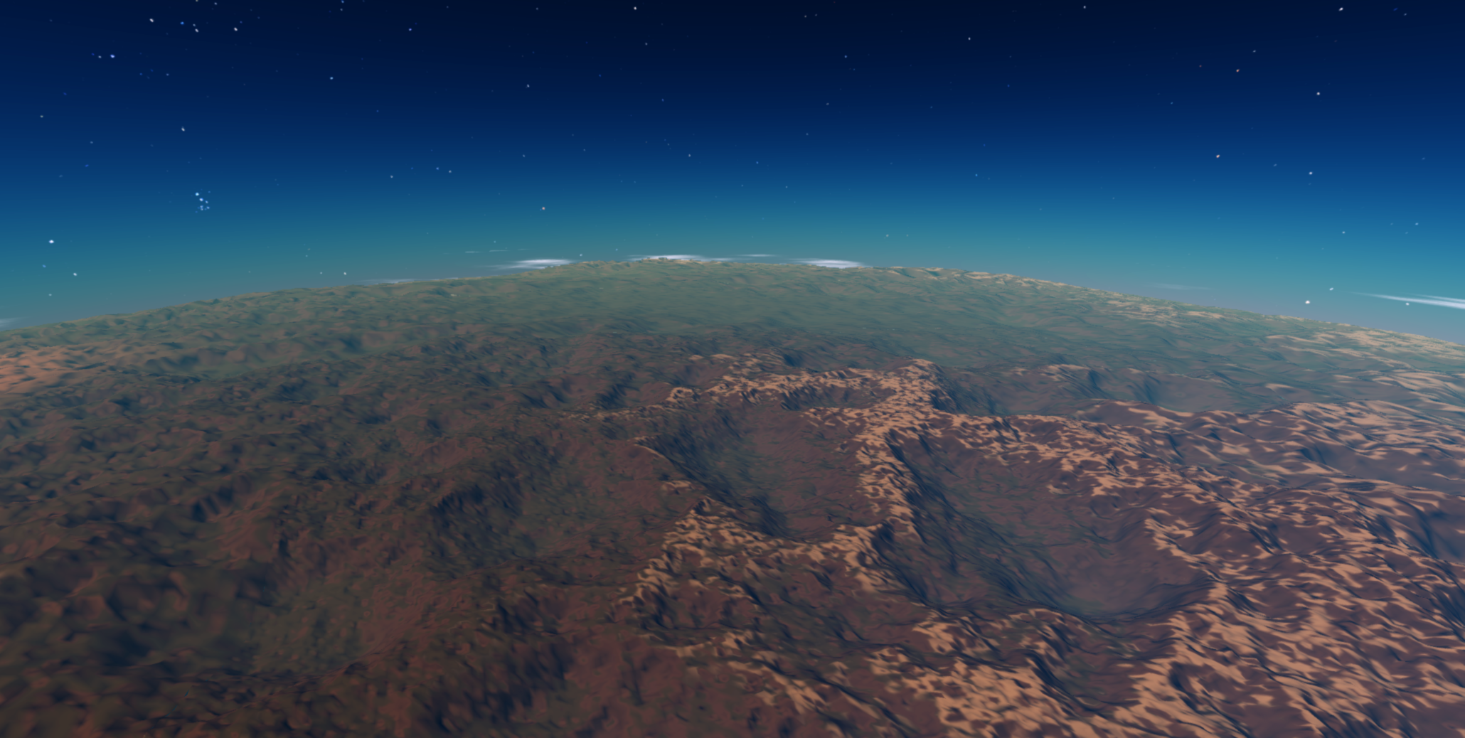 Screenshot of a procedurally generated planet seen from orbit